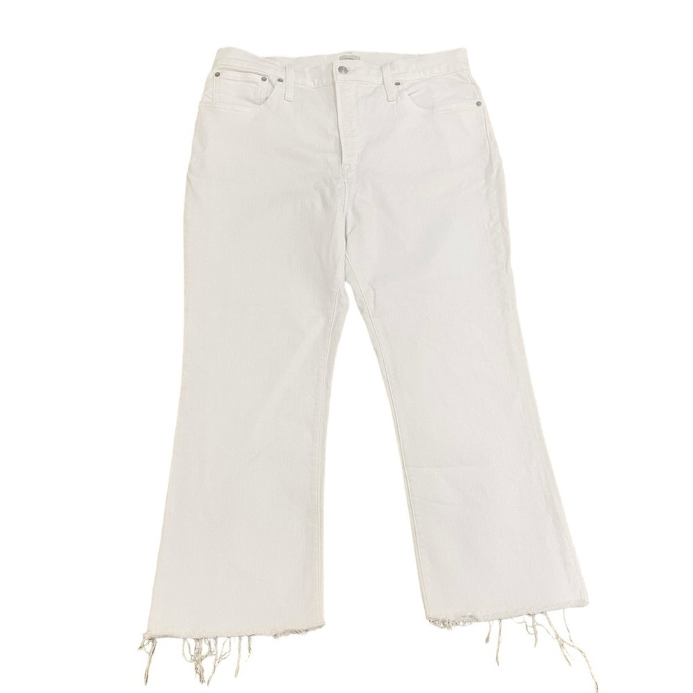 J. Crew denim white full length jeans raw edge hems curvy Demi boot size 33